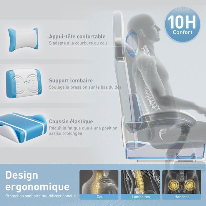 ECOFURNIX Fauteuil de Bureau Massant, Fauteuil Gaming Réglable avec Coussin de Massage Lombaire et Repose-Pieds, Blanc et Bleu