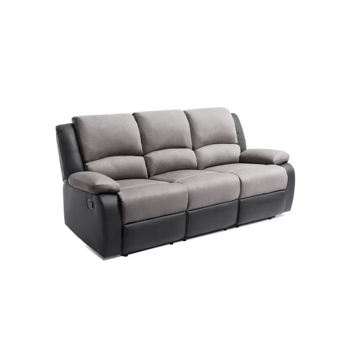 Sofá reclinável LEO de 3 lugares em microfibra e couro sintético - Cinza e preto - L193 x P93 x A96cm - LOUNGITUDE
