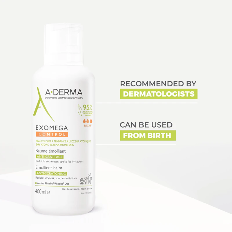 Bálsamo emoliente A-Derma Exomega Control para pele sensível e seca.