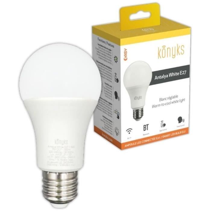 Konyks Antalya White E27 LED Bulb with WiFi and Bluetooth, 780 Lumens, 9W, Adjustable White
