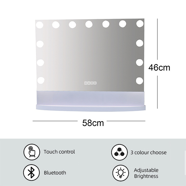 Boxă wireless LED dreptunghiulară, oglindă cosmetică Hollywood, 58x46cm