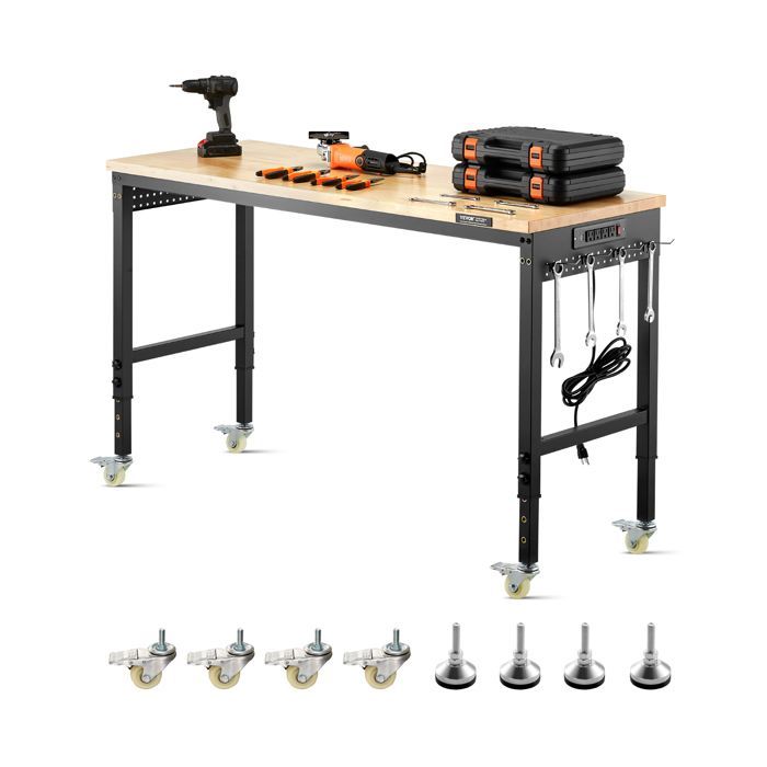 Banco de trabajo VEVOR de 1524 mm, mesa de trabajo para taller/garaje con ruedas y altura ajustable - Capacidad de carga de 907,2 kg - para oficina