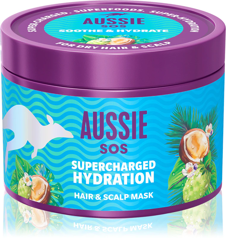 Máscara hidratante e suavizante Aussie SOS Supercharged Hydration para cabelo e couro cabeludo.