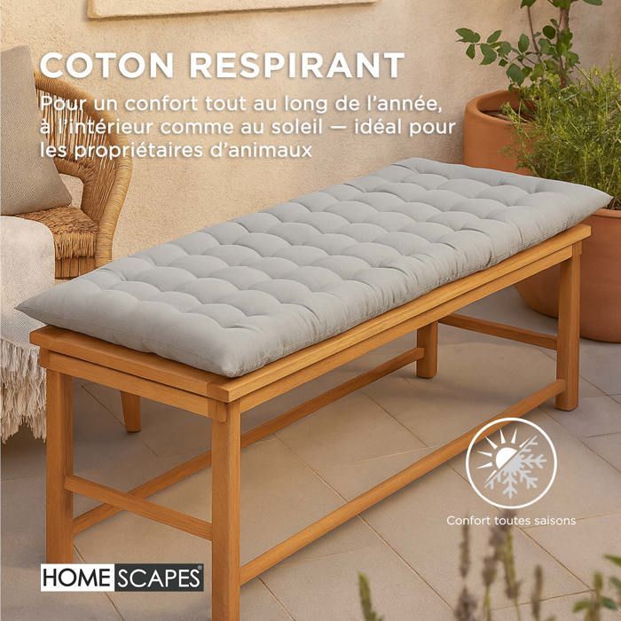 Cojín para banco de jardín - HOMESCAPES - Gris - 108 x 42 x 5 cm - Alfombra - Algodón y poliéster - Exterior