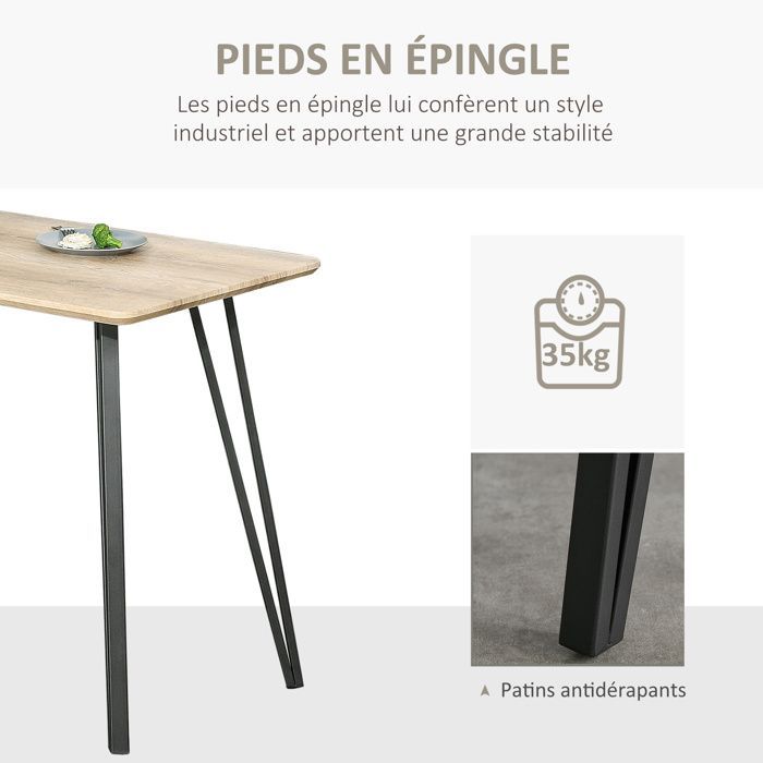 Table à manger - HOMCOM - design industriel grand plateau pieds métal épingle cuisine salon - MDF - 120x60x75cm - chêne clair