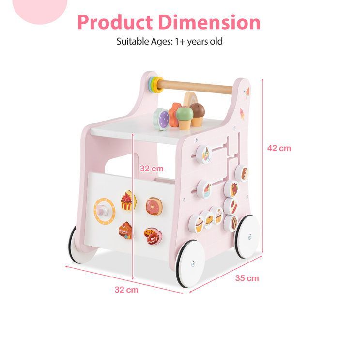 LIFEZEAL Trotteur Bebe Evolutif en Bois 1+ Ans, Chariot de Marche Bébé avec Roues et Accessoires Adorables, Compartiment, Rose