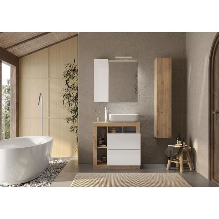 Ensemble meuble Salle de bain 78cm simple vasque + colonne - Coloris chêne clair et laqué blanc - HAMBOURG