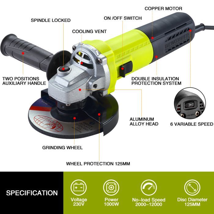 Winkelschleifer – DEWINNER – 125 mm, 1000 W (2000–12.000 U/min) – Kopf aus Aluminiumlegierung – 20 Zubehörteile