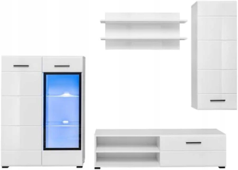 Meblościanka LAUR MINI MDF biały połysk 210cm szafka RTV półka komoda   LED