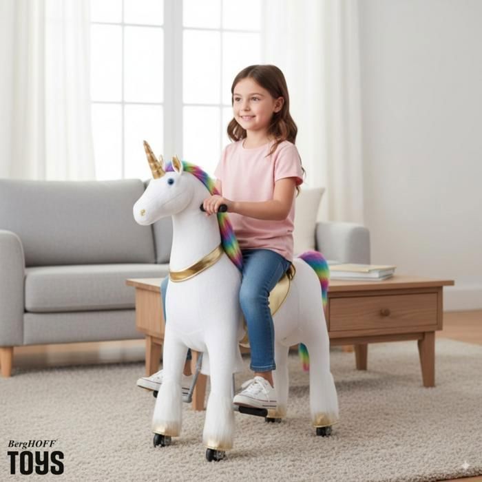 VROOOMY Wheeled Riding Unicorn - Large - Rainbow - Ages 5 to 9 - Mechanical Galloping Movement - Height 65cm - 45kg