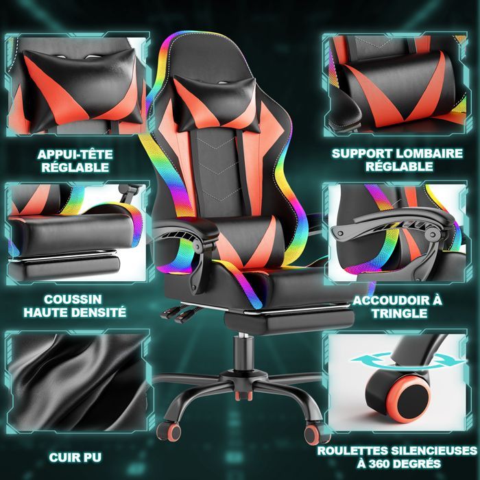 Sedia da gaming ergonomica con LED RGB, massaggio lombare e poggiapiedi – Sedia da gaming con poggiatesta regolabile – 180 kg, rossa
