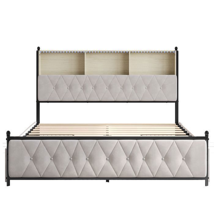 Cama de 180x200 cm con cajones, cama doble con almacenamiento, 4 cajones, iluminación LED, carga USB, estructura de cama con somier de láminas, terciopelo, beige.
