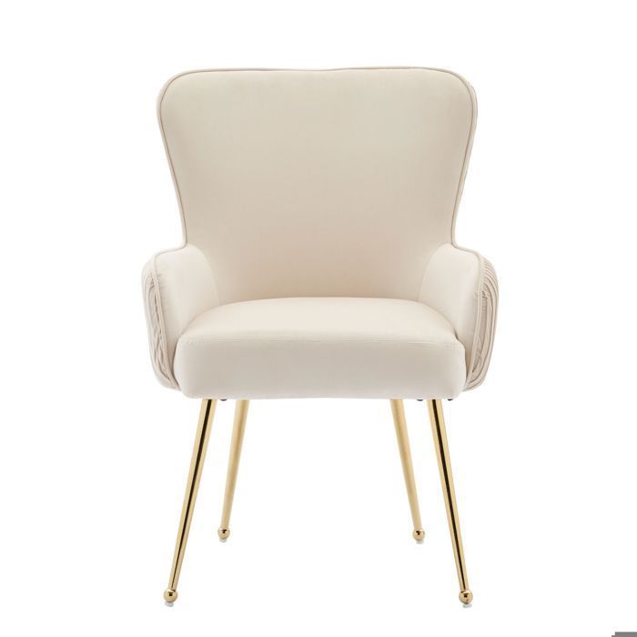 Set di 4 sedie da pranzo, rivestimento in velluto beige, schienale ergonomico, struttura in metallo dorato, supporto lombare.