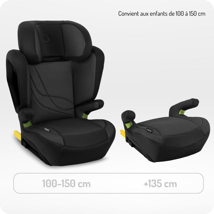 MoMi MEI - Siège auto I-SIZE 100-150 cm - Groupe 2/3 - ISOFIX - Dossier réglable 9 positions - Jusqu’à 36 kg - Noir