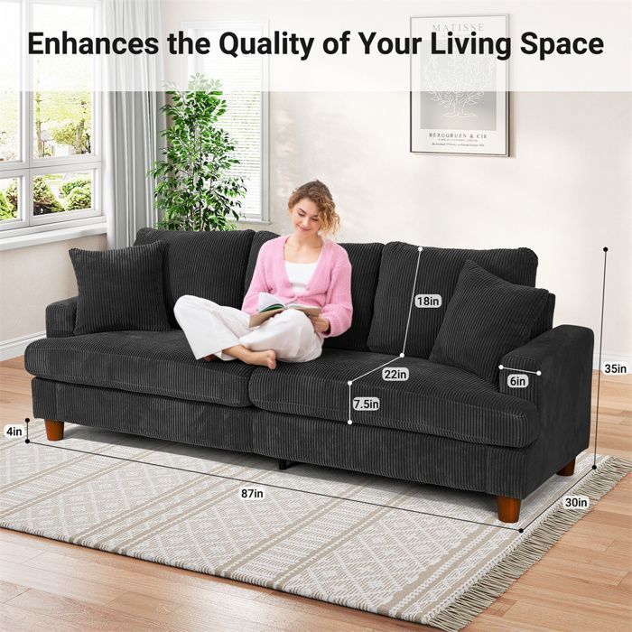 Large 3-Seater Sofa in Black Corduroy, Scandinavian Style Sofa with 3 Cushions and 2 Pillows for the Living Room, 220×76×84cm