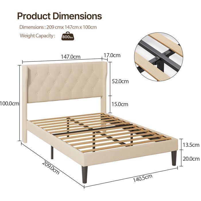 Struttura letto Bealife - 140 x 200 cm - Letto imbottito - Doghe in legno a fuso - Letto singolo - Vano contenitore da 20 cm - Beige
