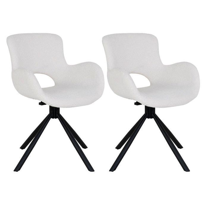 HERMOS - Juego de 2 sillas de comedor en tela bouclé blanca con base giratoria de metal negro.