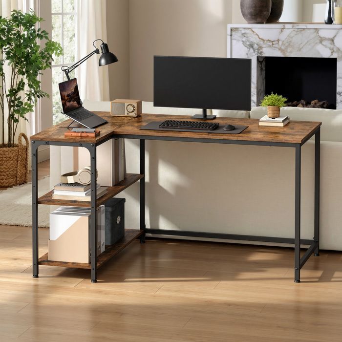 L-shaped desk, adjustable shelves with storage, 120 x 80 cm, brown