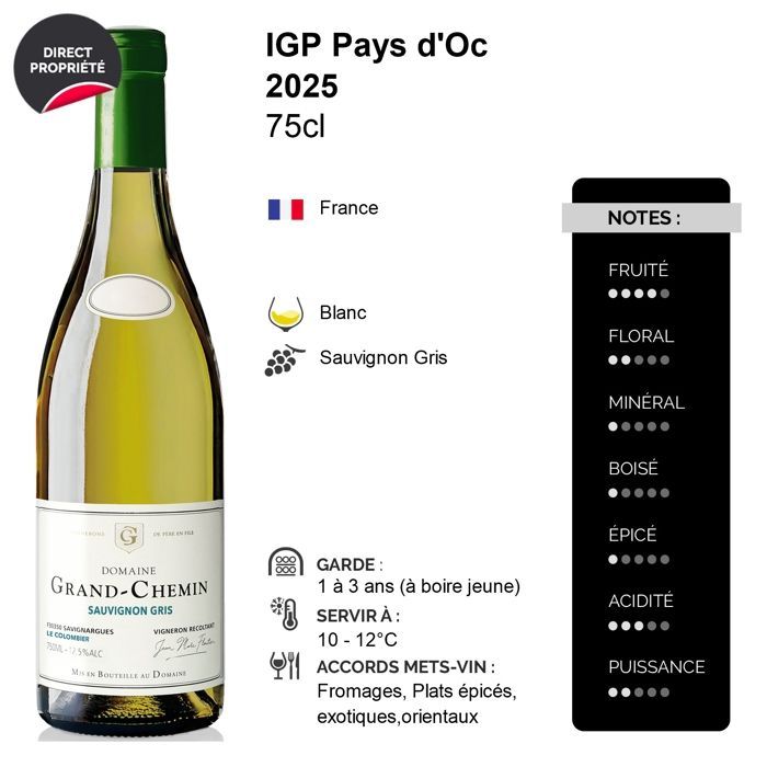 Domaine Grand-Chemin Pays d'Oc Le Colombier Sauvignon Gris 2025 - Witte wijn uit de Languedoc-Roussillon (6x75cl)