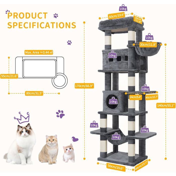 170cm Large Cat Tree, Cat Tower for Indoor Cats, with Large Perch, Washable Mat, 2 Cat Caves, Dark Grey