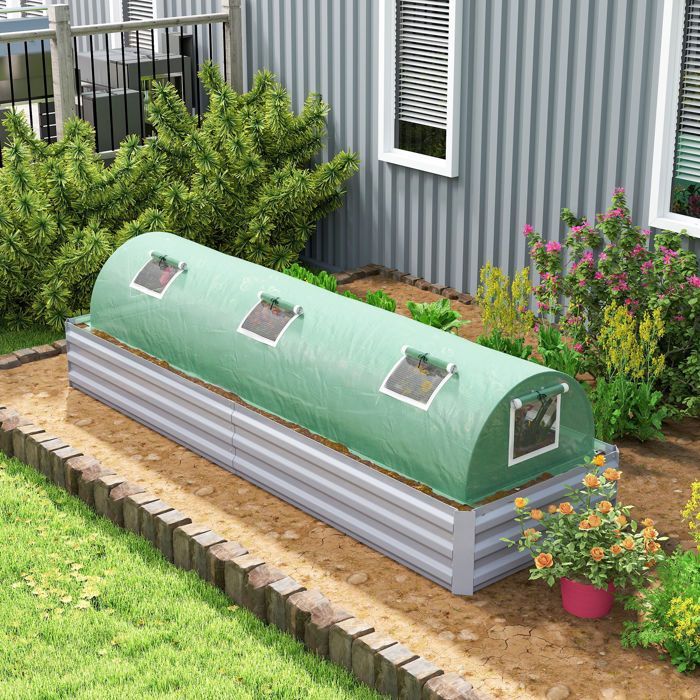 Mini invernadero de jardín - Outsunny - túnel para tomates de polietileno de alta densidad resistente a los rayos UV con 5 puertas de malla - acero - 300x80x45cm - verde