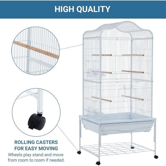 AVIARIO - JAULA PARA PÁJAROS - JUGUETES S - 64×54×138 cm - BLANCO - Metal - con comedero y perchas