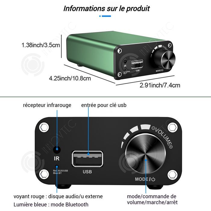 Amplificador INN 10,8 x 7,4 x 3,5 cm 270 g 2 Bluetooth 5.3 Salida Métodos de conexión Sonido de alta fidelidad Amplificador HiFi