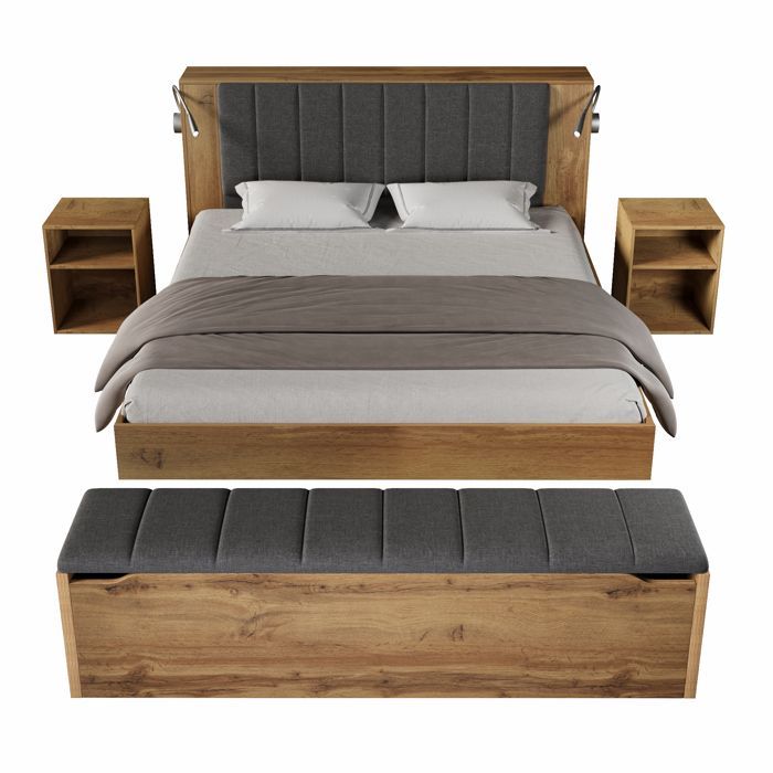 Cama doble de 180x200 cm – Roble – Cabecero plegable – 2 mesitas de noche + banco – Lámparas USB