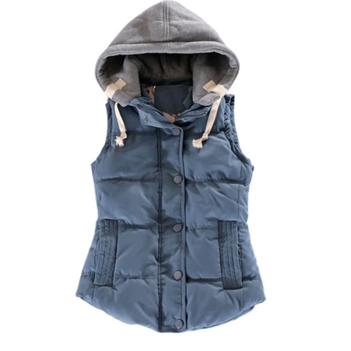 Chaqueta acolchada para mujer, ultraligera sin mangas con cremallera para invierno, chaqueta acolchada de plumas de color liso con capucha - Azul