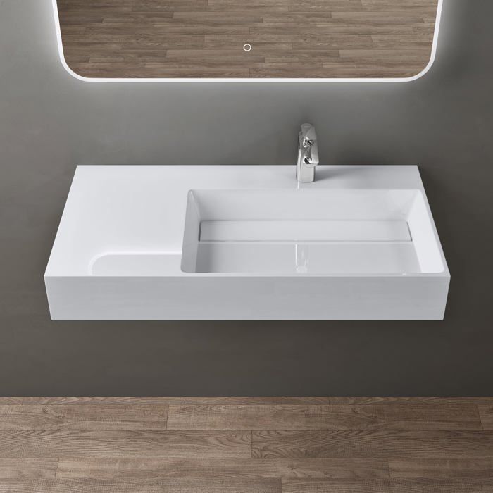 Lavabo mural doporro, blanco, 90 cm, lavabo de encimera con desagüe, lavabo rectangular, 90 x 48 x 13 cm, Colossum12-R