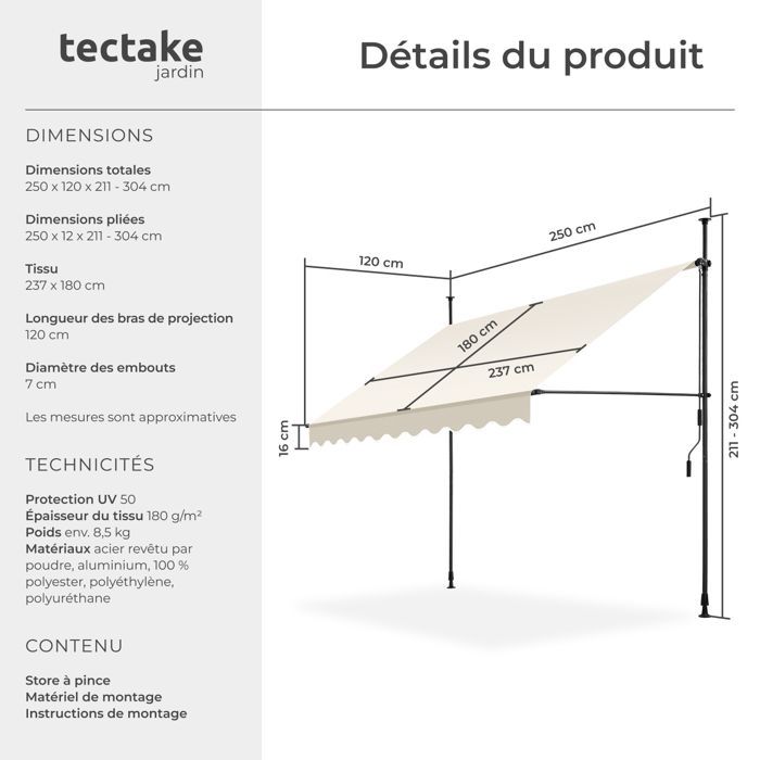 Tenda da giardino - TECTAKE - Tenda a clip senza foratura, con manovella per la regolazione dell'altezza - Beige - 250 x 180 cm