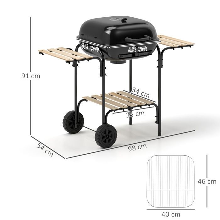 Barbacoa de carbón Outsunny - Superficie de cocción de 1840 cm² - Con parrilla, tapa, estantes y ruedas - Negra
