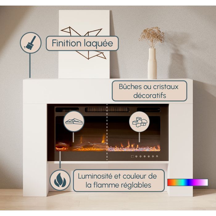 Meuble avec cheminée électrique - DESIGN AMEUBLEMENT - Laqué blanc - LED multicolore - 1000/2000W - Télécommande - Candela