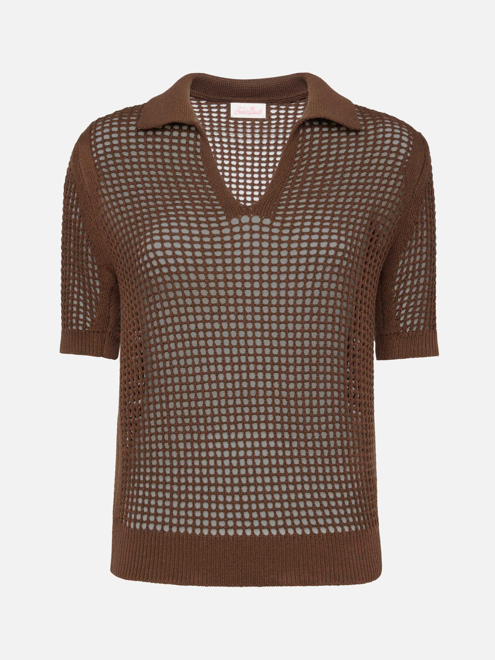 Flora bruine polo shirt met gehaakte mesh details