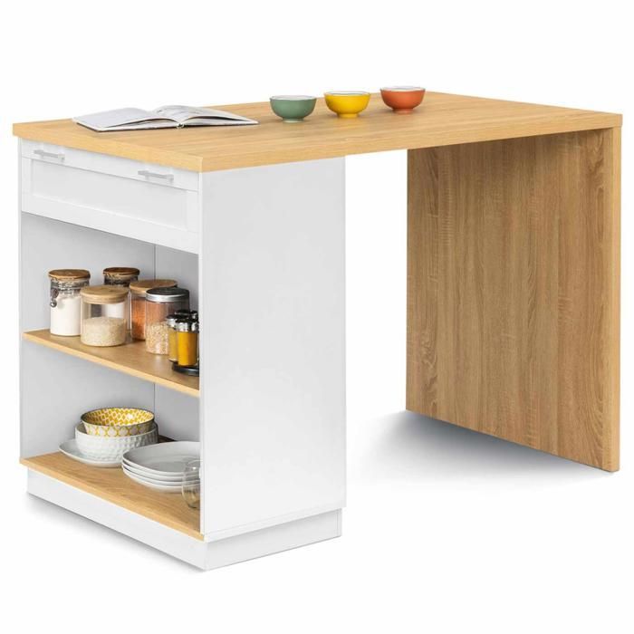 IDMARKET Ilot central mange debout 4 personnes VITO 130 cm blanc et plateau bois