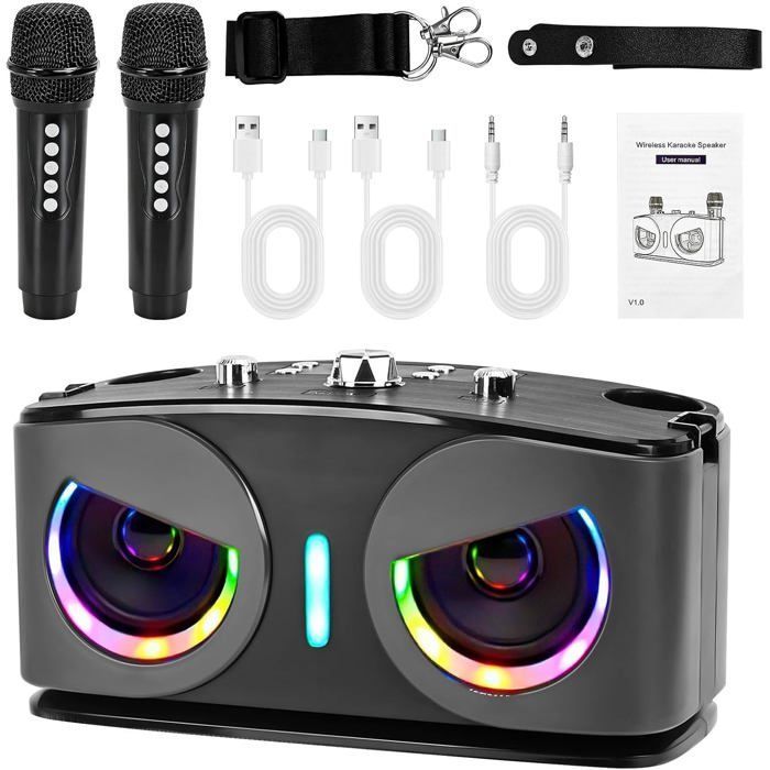 Máquina de karaoke con 2 micrófonos inalámbricos, sistema de karaoke portátil Bluetooth con forma de búho y luces de discoteca, compatible con TV/USB/AUX/TF/FM.