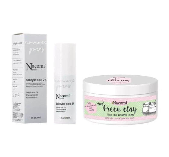 Nacomi Next Level zestaw do pielęgnacji serum No More Pores Kwas Salicylowy 2%   zielona glinka oczyszczająca