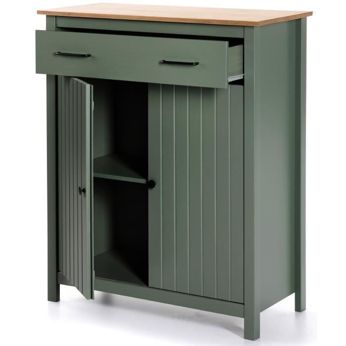 Mobile contenitore, tavolino in legno massello di pino con finitura rovere cerato e verde - Lunghezza 90 x Profondità 40 x Altezza 110 cm