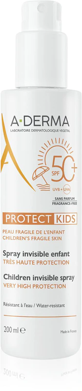 A-Derma Protect Kids Protetor solar em spray invisível FPS 50+ para crianças