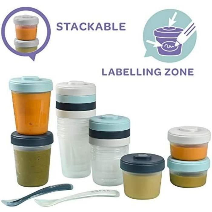 BÉABA - Confezione da 12 porzioni e 2 cucchiai in silicone - Kit per il primo pasto - Tempesta