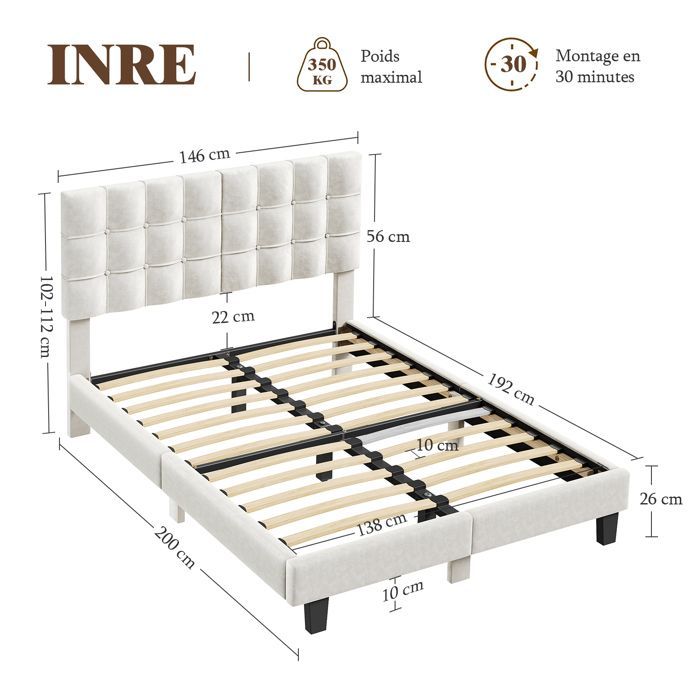 HavenlyHome bed van 140x190 cm, gestoffeerd bed, fluwelen hoofdbord, tweepersoonsbed met lattenbodem, bed voor 2 volwassenen