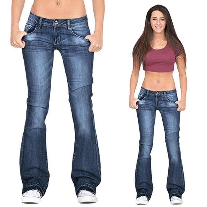 Pantalones vaqueros ajustados elásticos para mujer, pantalones acampanados con flecos - FUNMOON - Azul oscuro - Ajustados - Adulto - Mujer