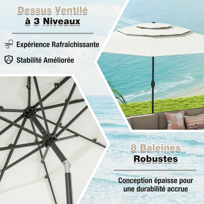 Parasol de Terrasse Ventilé à 3 Niveaux de 300 cm - COSTWAY - Inclinaison à Bouton-Poussoir - Manivelle - 8 Baleines Robustes - Blan
