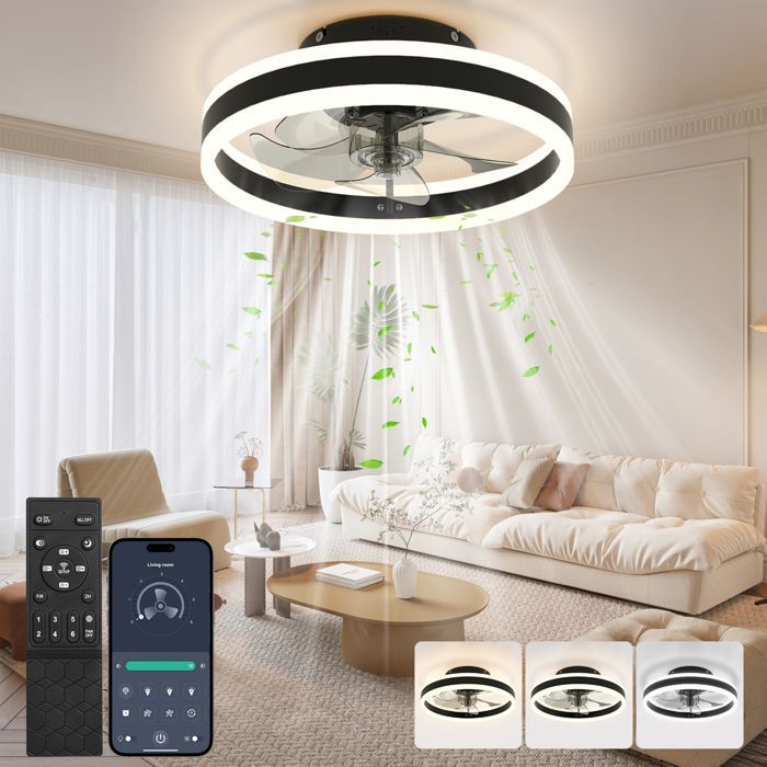 ®WHD© 50cm Ceiling Fan with 3 Lights & 6 Speeds, Quiet, Energy Efficient, Remote Control/App - Living Room/Bedroom/Kitchen/Office