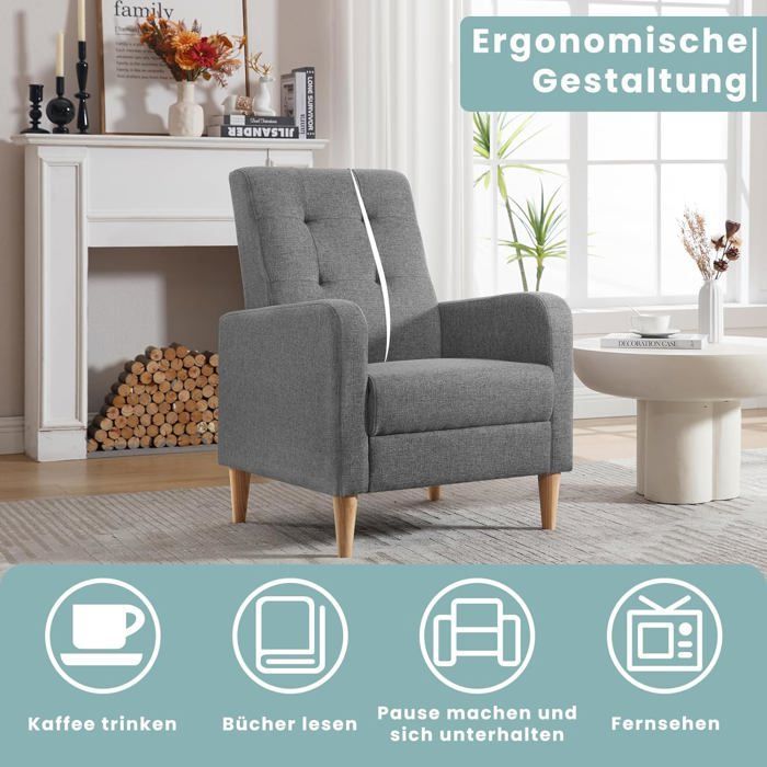 WOLTU Fauteuil Salon Scandinave, Fauteuil Cabriolet Relax, Siège Rembourré en Lin, Pieds en Bois Massif, Gris Foncé W0ATT0343