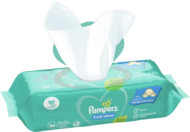 Lenços umedecidos Pampers Fresh Clean para bebês com pele sensível.