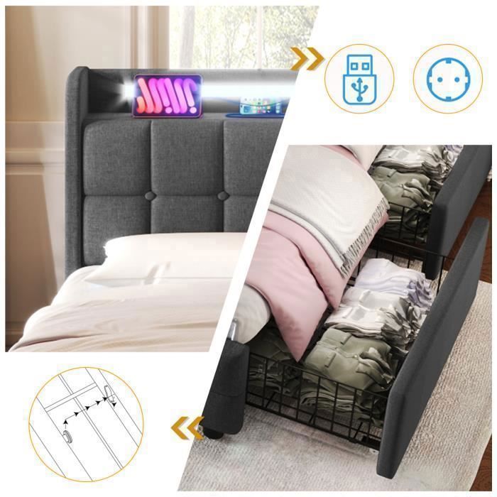 Cama de 160 x 200 cm con 4 cajones, cama doble tapizada de 160 x 200 cm con puerto de carga USB, iluminación LED, base de láminas de madera, lino, gris