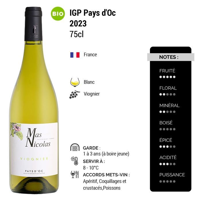 Mas Nicolas Pays d'Oc Viognier 2023 - Vino blanco de Languedoc-Rosellón (3 x 75 cl) Ecológico
