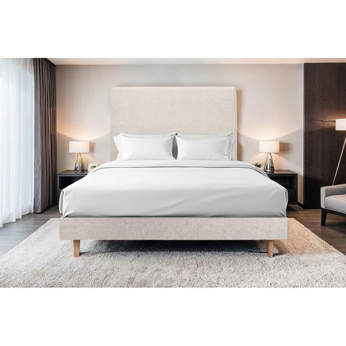 Base de cama estofada em tecido bege claro, 160x200 cm, A29 cm, Lead Sleep - Base de cama em madeira maciça com pés cônicos de madeira de 15 cm