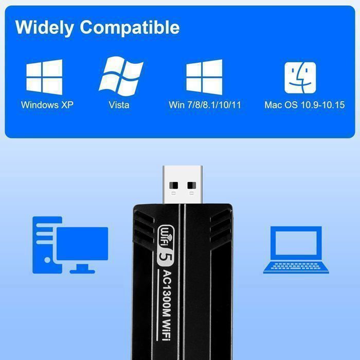 Clé WiFi Puissante, AC1300 Mbps USB 3.0 Double Bande Antenne WiFi 2.4G / 5GHz Dongle WiFi, Compatible avec Windows 11/10/8/7/XP